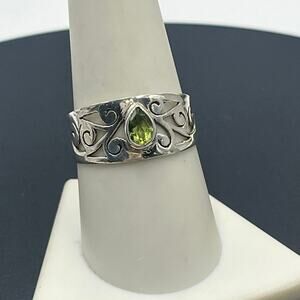 Sterling Silver 6x9mm Bezel Set Teardrop Peridot Leaf Swirl Filigree Ring Sz 9.5